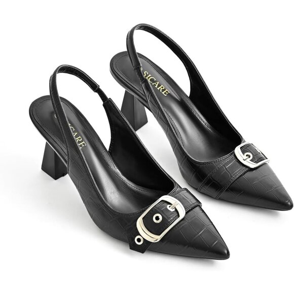 Black Synthetic Women Kitten Heels Pointed Toe Pumps Dress Shoes with Buckle - Picture 8 of 10